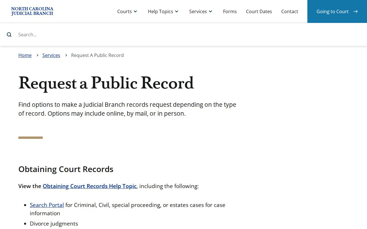North Carolina Judicial Branch public record request information