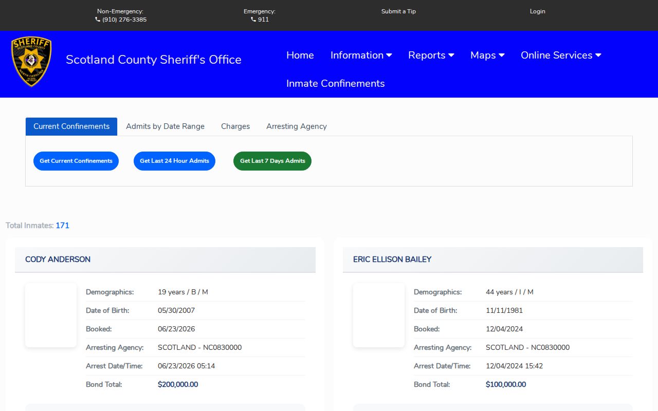 Scotland County current confinement and recent admit search interface