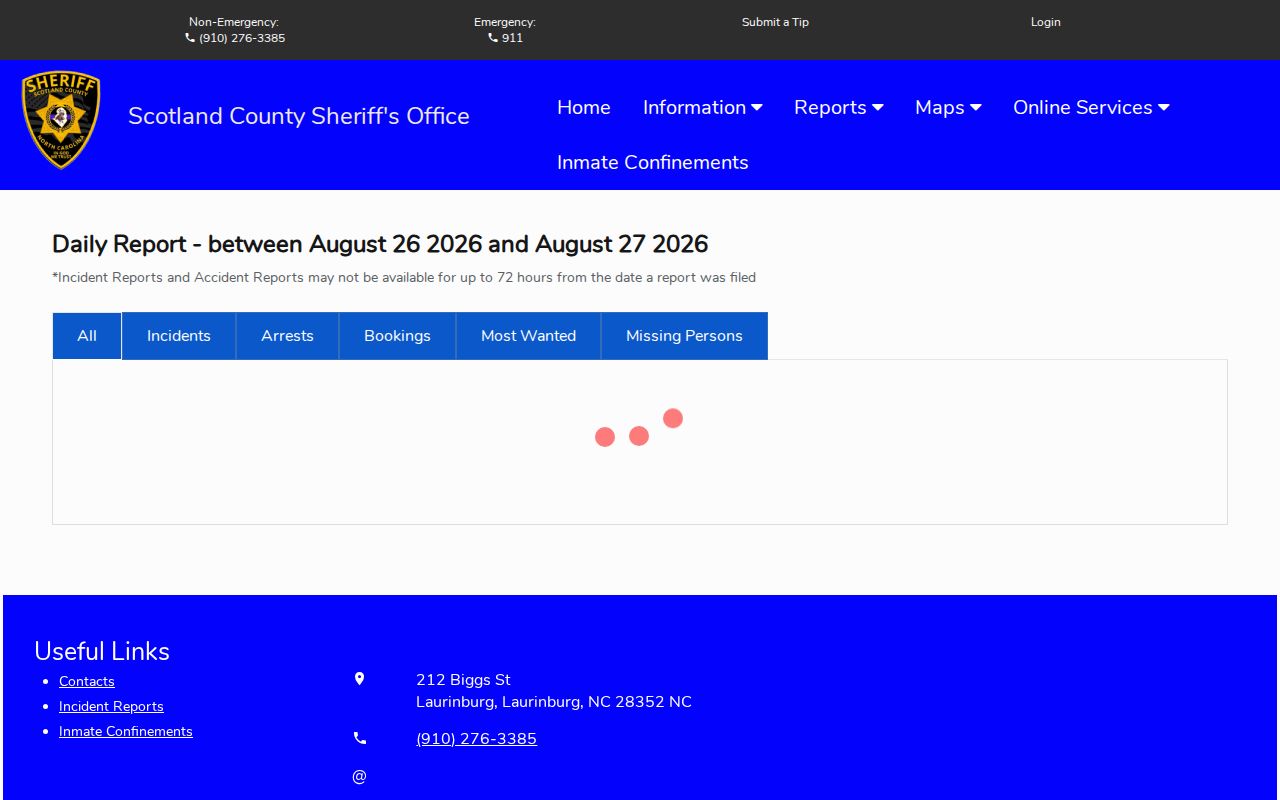 Scotland County official daily report with arrests and bookings tabs